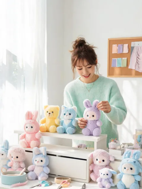 Toy stylist preparing plush collection display