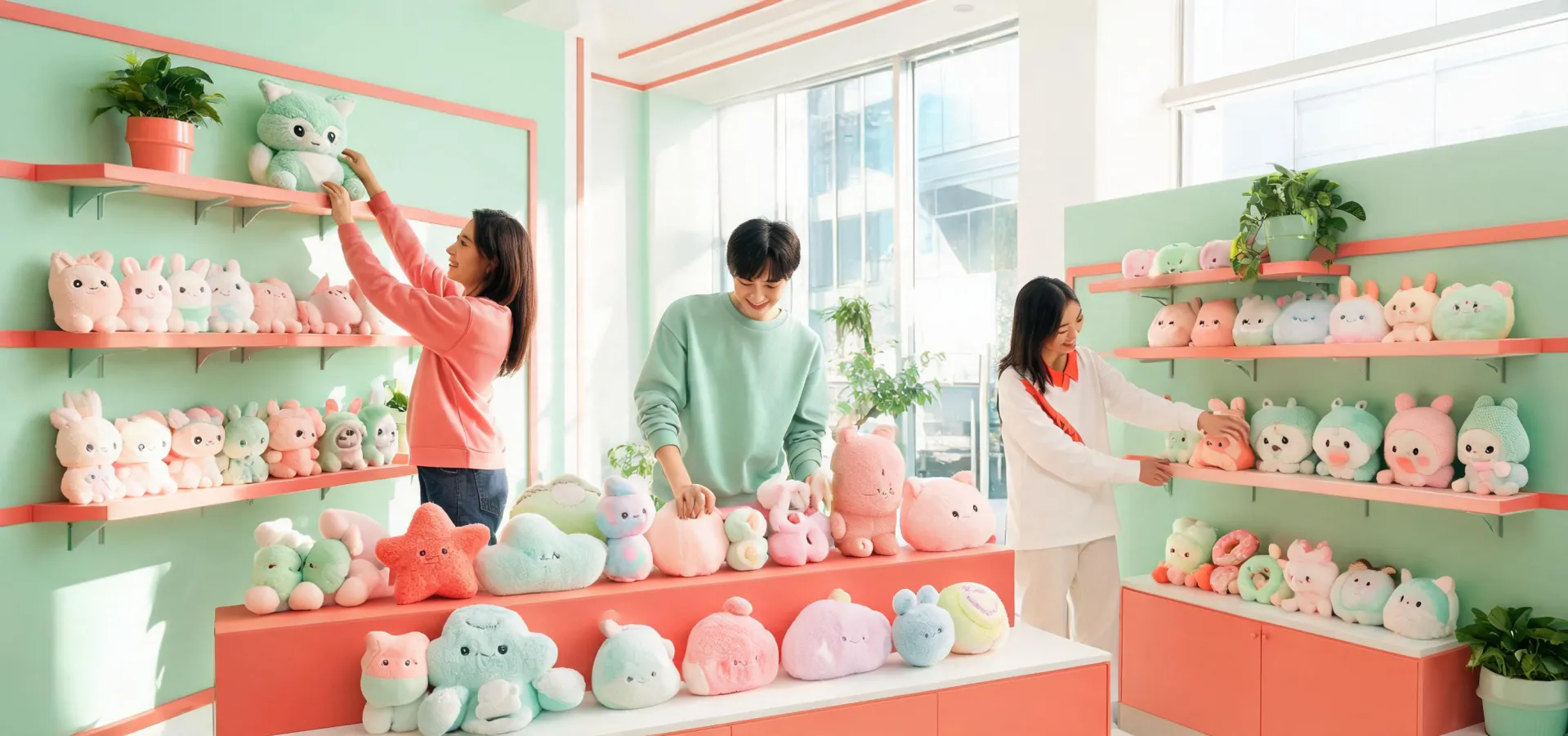 Friendly toy design team arranging plush characters in a bright studio