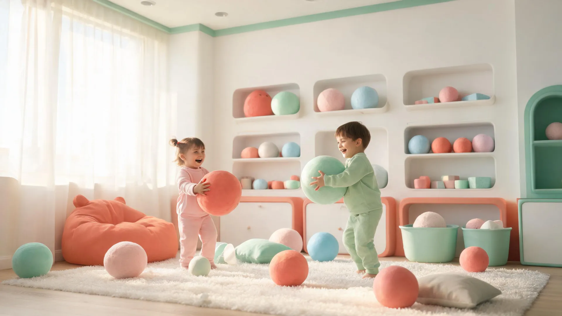 Children arranging Squishmallows plush and squishy sensory toys in a sunny playroom