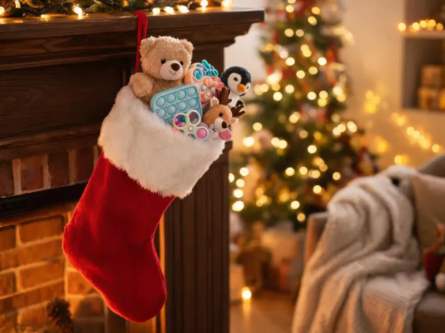 Holiday stocking with plush and fidget toys