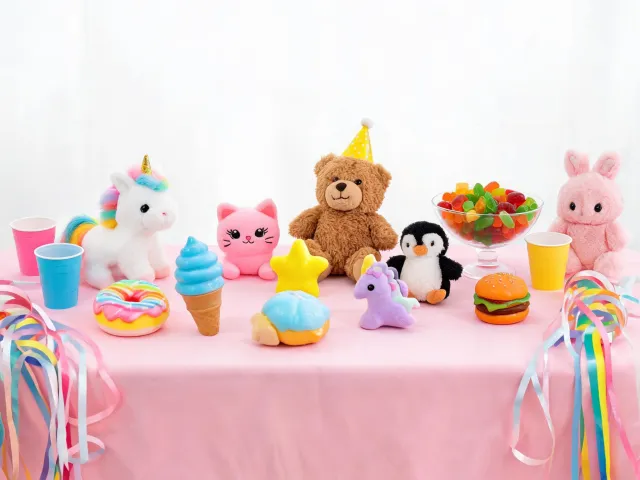 Birthday table with colorful squishy toys