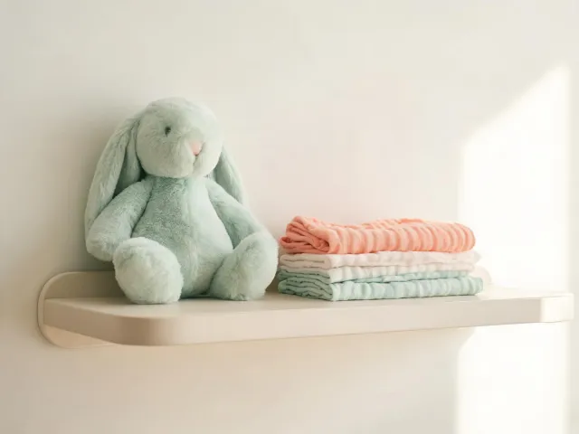 Infant nursery shelf with soft plush toy