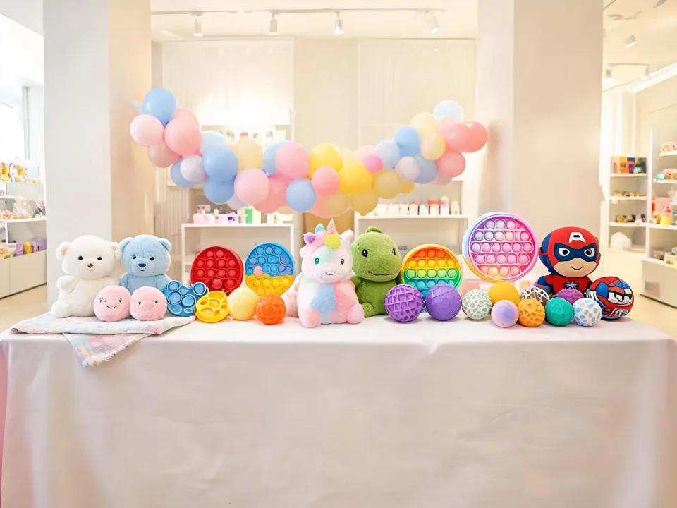 Gift table with plush toys and colorful fidget toys for different child ages