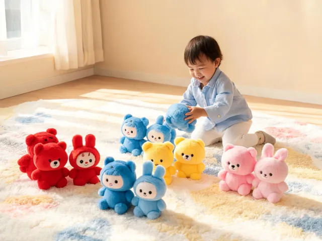 Child sorting plush characters by color