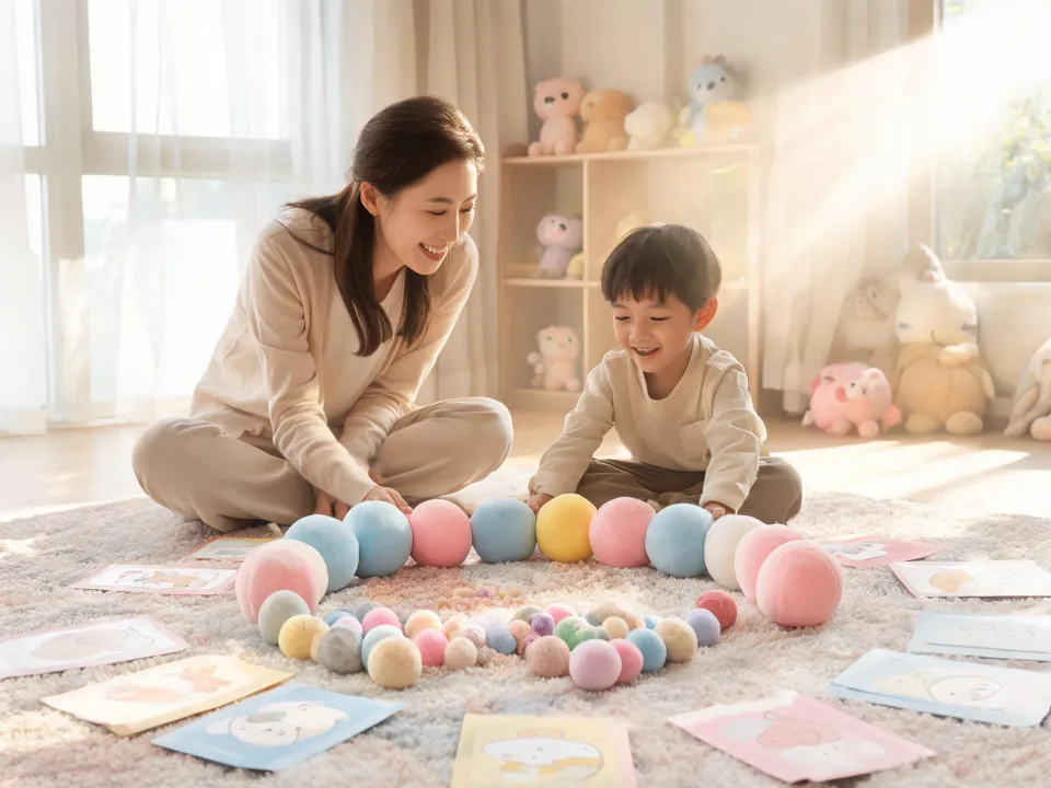 Caregiver and child creating a plush story circle with squishy toys
