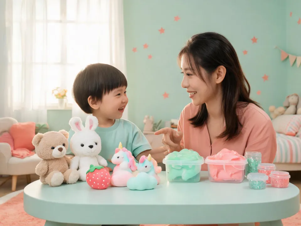 Caregiver comparing plush and squishy toys on a nursery play table